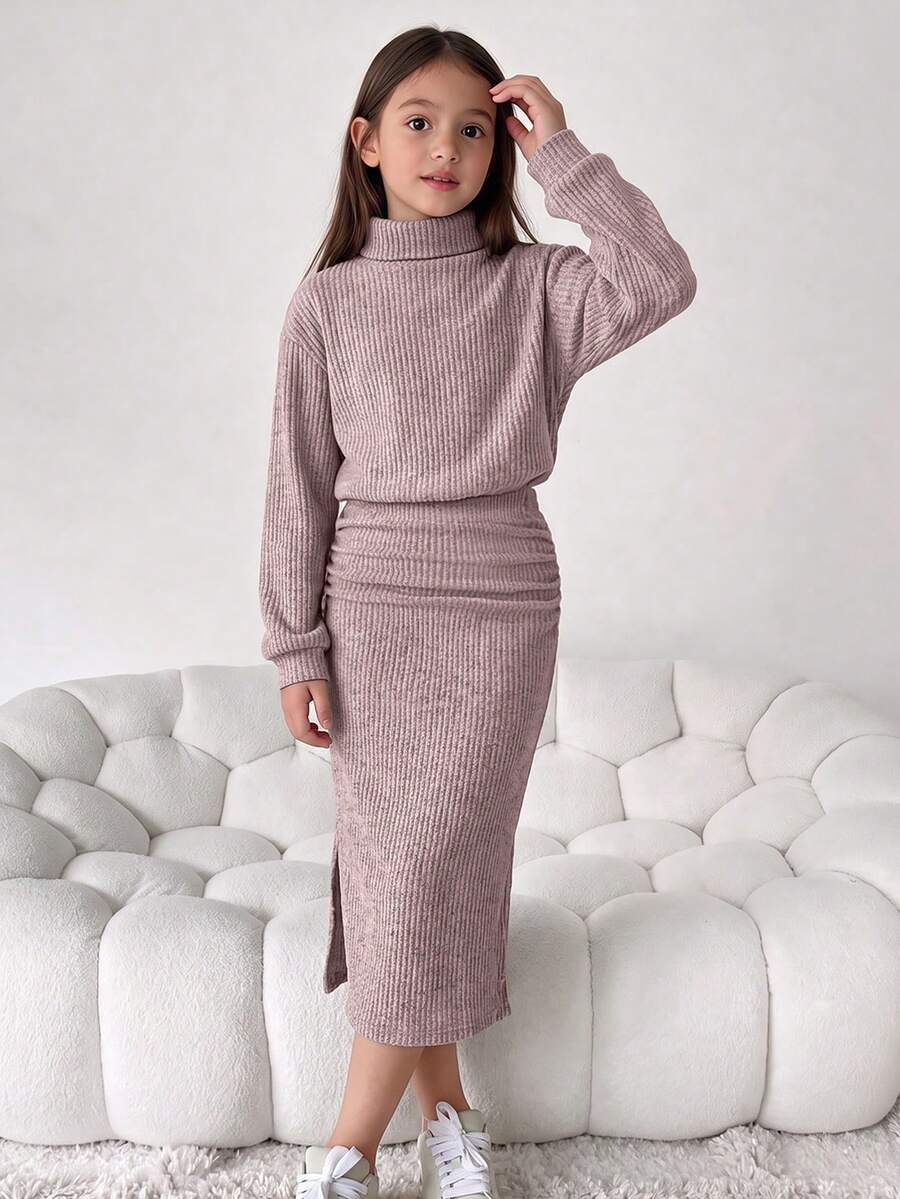 Tween Girl Solid Color High Neck Dropped Shoulder Long Sleeve Ruched Casual Dress - Pink - View 1