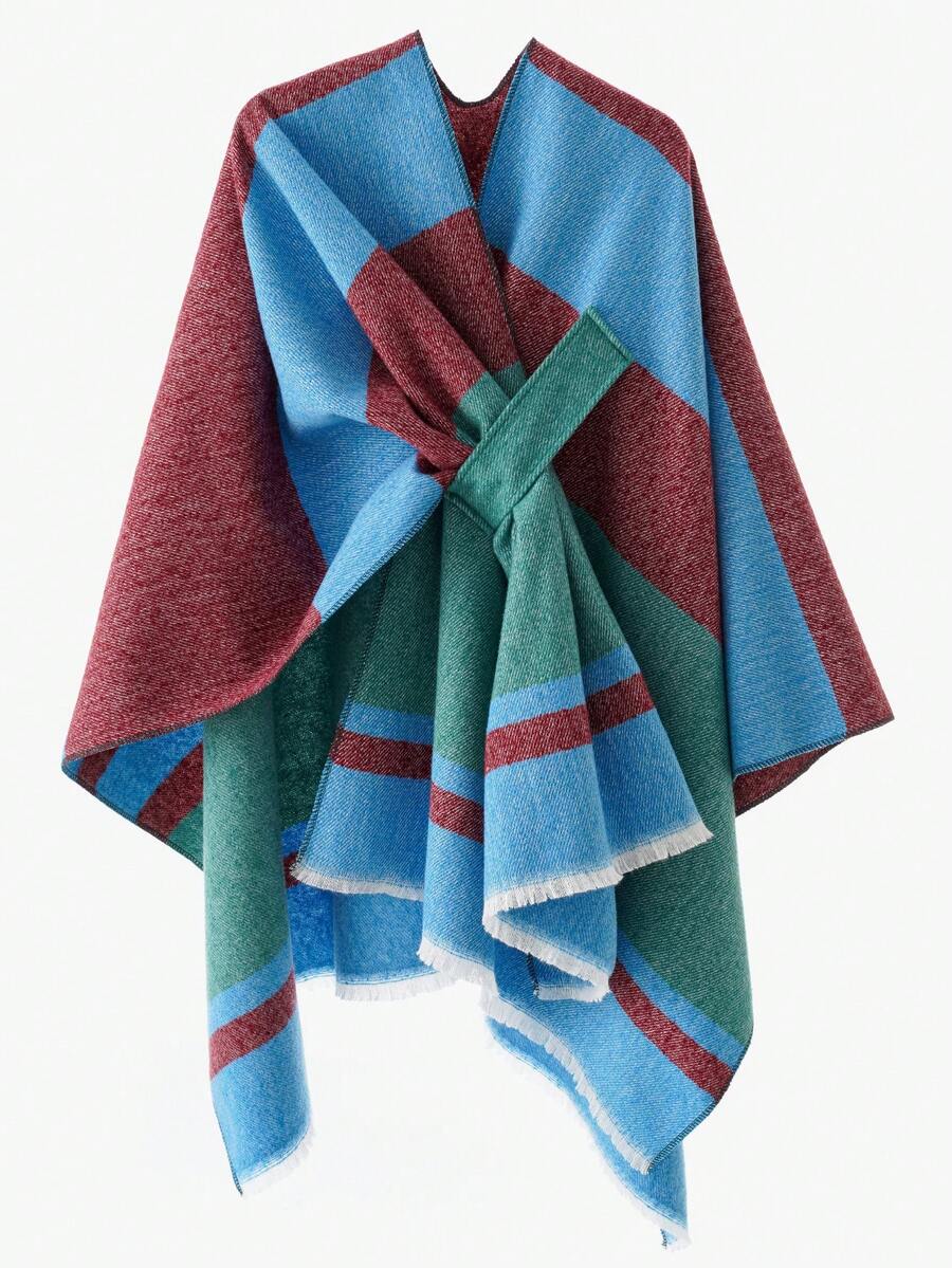 1pc Women's Fashion Classic Striped Color Block Pattern Autumn/Winter Windproof Buckle Travel Warm Shawl Jacket - Blue - View 1