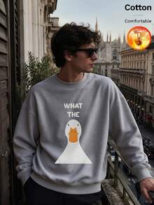 Men's Fleece Crew Neck Sweatshirt, Cartoon Duck Graphic & Text, Y2K Style, Autumn/Winter - Heather Gray - View 6