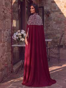 Elegant 2 Pieces Shawl And Dress Set, Rhinestone Embellished Neckline, Fitted Mermaid Silhouette, Suitable For Formal Evening Events, Photography, Red Carpet Occasions - Burgundy - View 2