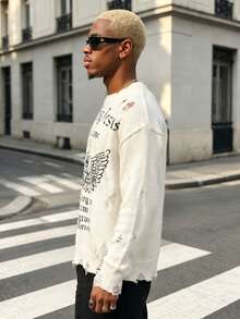 BLACKTOEXIT High Street Style Men's Distressed Knit Sweater, Vintage Gothic Letter & Wing Graphic, Loose Fit Drop Shoulder Autumn/Winter Pullover - Apricot - View 3
