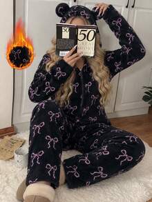 Women's Soft Coral Fleece One-Piece Pajamas, All-Over Pink Bow Pattern, Hooded 3D Bear Ear Design, Zipper Closure For Easy Wear, Thick Plush One-Piece Loungewear, Sweet Loose-Fit Home Sleepwear - Black - View 5