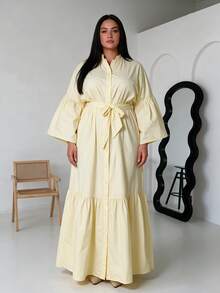 Women's Plus Size Elegant Long Shirt Dress, Casual Flared Sleeves, Stand Collar With Front Tie And Ruffle Hem, Suitable For Spring, Autumn, Winter Party And Vacation - Yellow - View 2