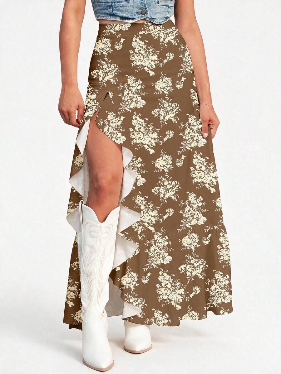 Acelitt Sky Blue Bohemian Ditsy Floral High Waist Ruffle Hem Slit Maxi Skirt Summer - Brown - View 1