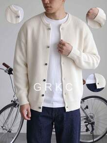 GRKC كارديجان رجالي كاجوال فضفاض محبوك، بياقة دائرية، أكتاف منخفضة، أزرار أمامية، بأسلوب بسيط للتنقل، خريف/شتاء - لون مشمشي - مشاهدة 2
