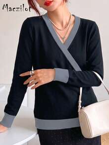 Plus Size Women Fall Winter Wrap V Neck Color Block Button Knit Sweater, Slim Fit Long Sleeve Pullover For Commute Date Daily Outing - Black - View 4