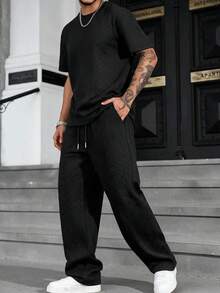 New Black 3D Herringbone Wheat Jacquard Round Neck Short Sleeve T-Shirt & Drawstring Straight Leg Pants Men's Minimalist Relaxed Casual 2-Piece Set - Black - View 4