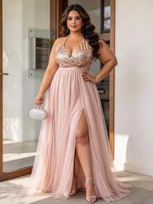 Joyfunear Plus Size Contrast Color Sequin Slit Mesh Camisole Formal Dress Party Summer Elegant - Champagne - View 1