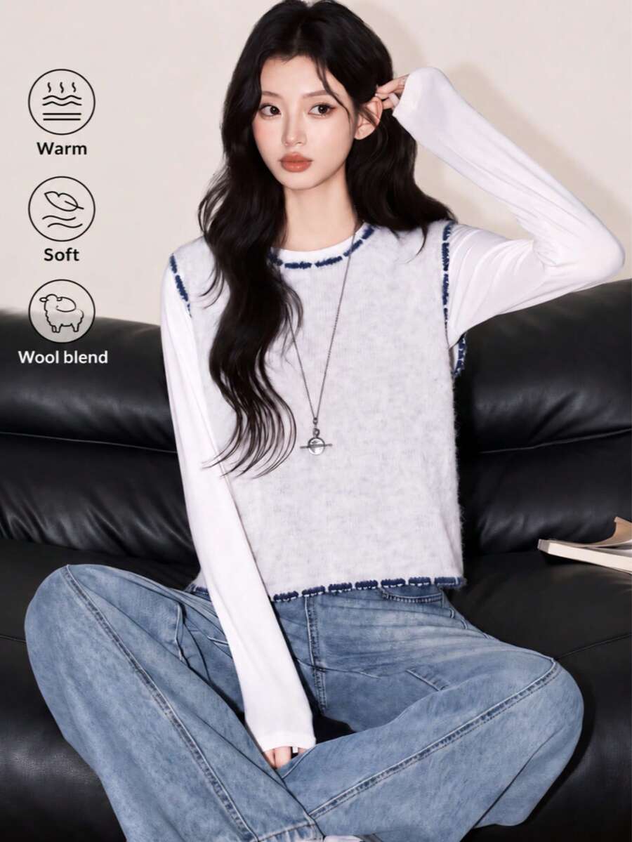 Women's Autumn/Winter Wool Blend Yarn Minimalist Casual Contrast Trim Design Round Neck Pullover Knit Sweater Vest Fall - Light Grey - View 1