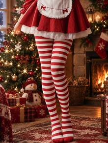 Women's Christmas Colorful Striped Tights, Nylon Blend Elastic Slim Fit Leggings, Suitable For Parties, Cosplay And Holiday Dress Up - Multicolor - View 1