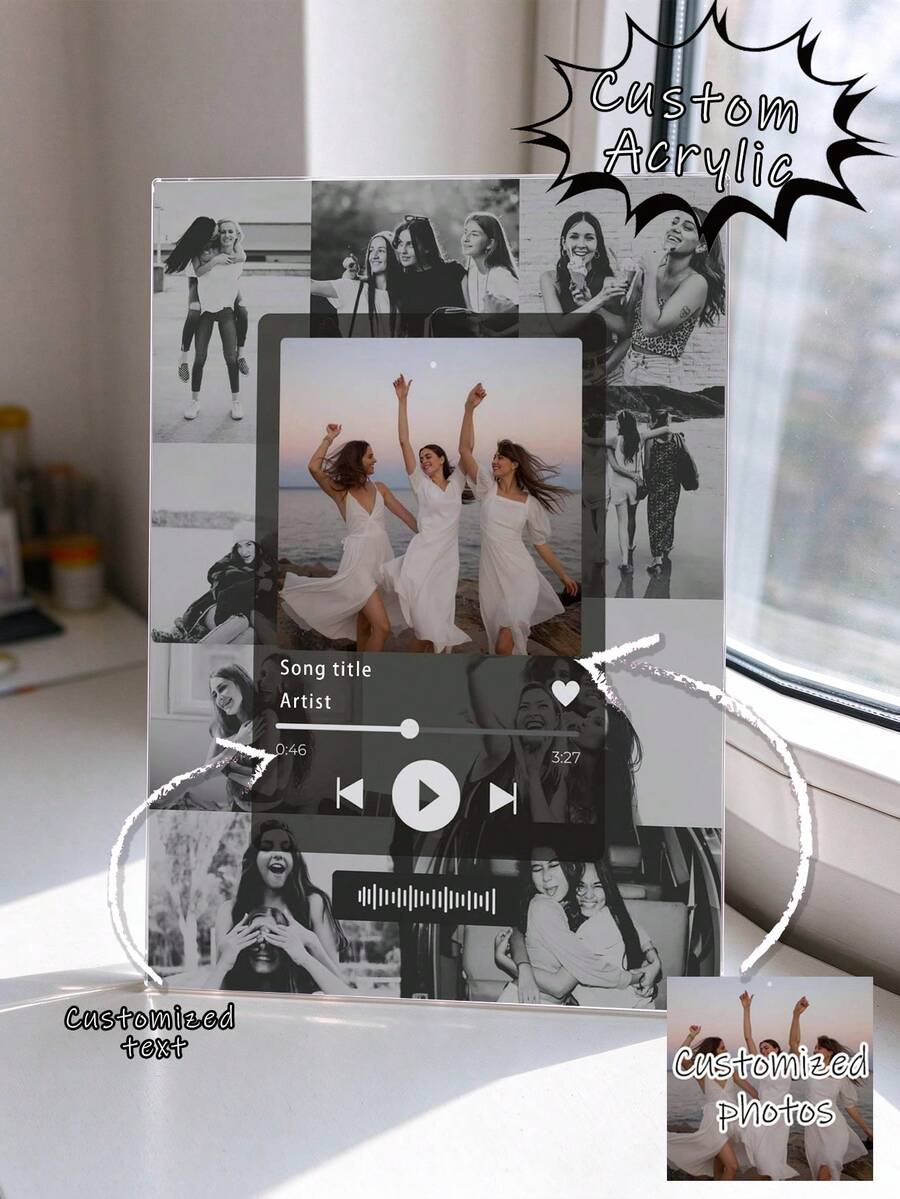 1pc Customized Song Acrylic Template, Best Friend Photo Collage, Suitable As Couple Anniversary Gift, Office Desk Decor, Photo Customization, Customizable Item, Adult Bedroom Decor - Multicolor - View 1