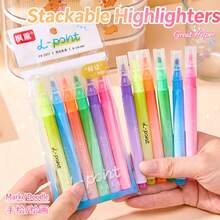 12pcs Soft Tone Fluorescent Markers With Outline Pens, Layerable Fluorescent Markers, Student Note Marking Pens, Highlight And Doodle Pens, No Bleed, Quick-Drying Ink, For Journaling, Bible Study, School And Office Use - Multicolor - View 1