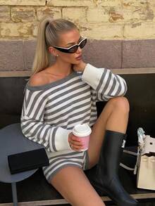 Women's Autumn/Winter New Fashion Elegant Casual Lazy Colorblock Striped Top With Hem Design Shorts 2-Piece Knit Set - Light Grey - View 2