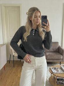 Women's Autumn/Winter New Polo Collar Solid Color Knit Sweater, Suitable For Office Commute, Business Professional, Casual Daily Wear - Grey - View 3