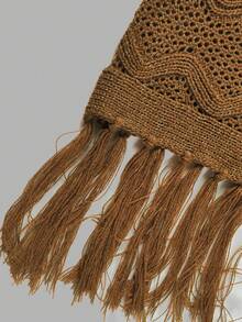 Autumn Brown Fringe Knit Poncho Cape For Women Wave Hollow Pattern Asymmetric Wrap Fall Clothes Elegant Casual Going Out Outfits - Brown - View 4