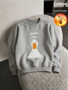 Men's Fleece Crew Neck Sweatshirt, Cartoon Duck Graphic & Text, Y2K Style, Autumn/Winter - Heather Gray - View 2