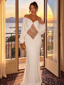 Kliou Elegant Lace Patchwork Dress Women Fashion Simple Ruched Slash Neck Batwing Sleeve Evening Party Club Long Bodycon - White - View 1