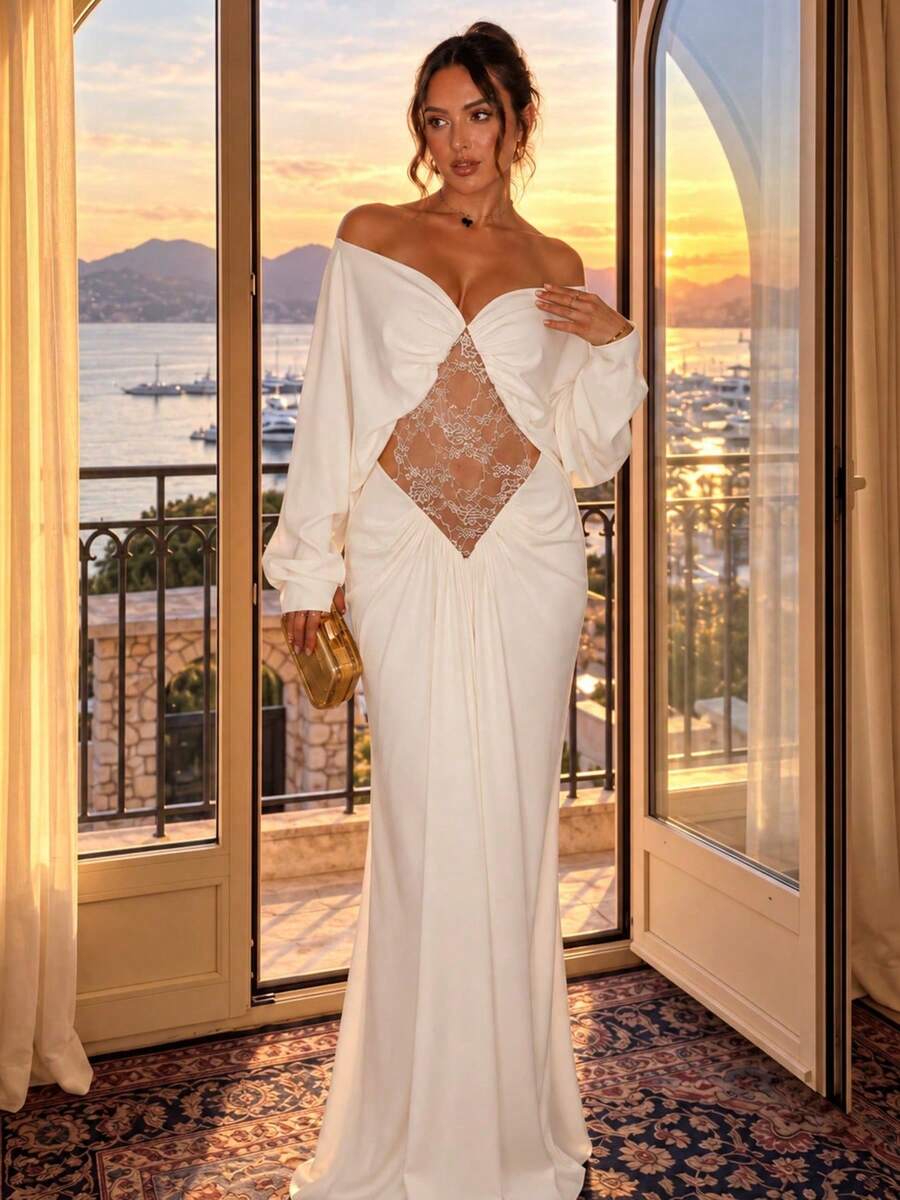 Kliou Elegant Lace Patchwork Dress Women Fashion Simple Ruched Slash Neck Batwing Sleeve Evening Party Club Long Bodycon - White - View 1