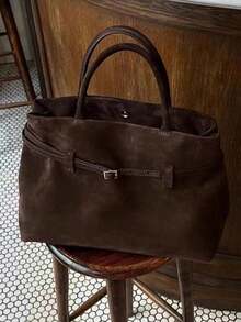 Vintage Autumn/Winter Large Capacity Faux Suede Tote Bag, European And American Style, Versatile Commute Casual Daily Shoulder Bag - Coffee - View 2