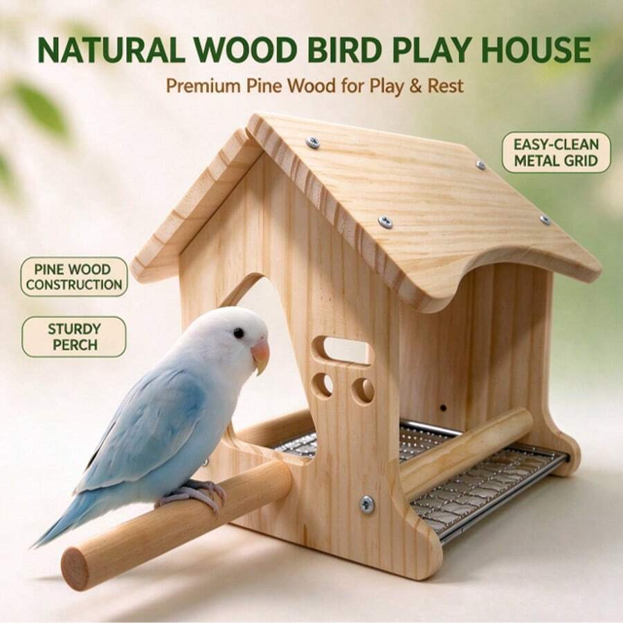 Rumah Burung Kayu Pinus Alami, Tempat Bertengger Burung Beo dengan Baki yang Dapat Dilepas, Mainan Sangkar Burung untuk Burung Parkit, Burung Kecil, Tempat Bermain & Beristirahat, Tempat Bersarang - View 1