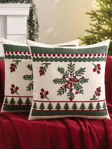 Miater 1pc/2pcs Christmas Decorative Pillow Case Embroidered Canvas Snowflake Sofa Living Room Bedroom Home Decor Holiday Gift - Green - View 6