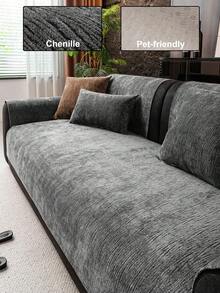 1pc Solid Color Chenille Sofa Cushion, Minimalist Chic Style Sofa Cover, Anti-Slip Anti-Cat Scratch Sofa Protector, Home Decor For All Seasons, Suitable For 1/2/3/4 Seater Sofa - Dark Grey - View 1