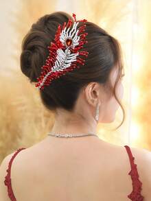 1Pc Exquisite Crystal Beaded Hair Clip Fashion Women's Hair Accessory Bridal Headpiece Suitable For Daily Wear Party Gathering Travel - Red - View 5