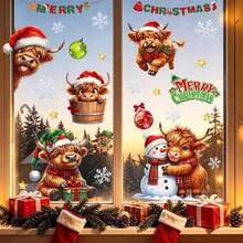 1set/3pcs Christmas Highland Cow Combination Self-Adhesive Window Stickers, Multiple Cute Calves Paired With Snowman, Gingerbread Man, Snowflake And Colorful Ball, Window Holiday Atmosphere Decorative Stickers - Multicolor - View 2