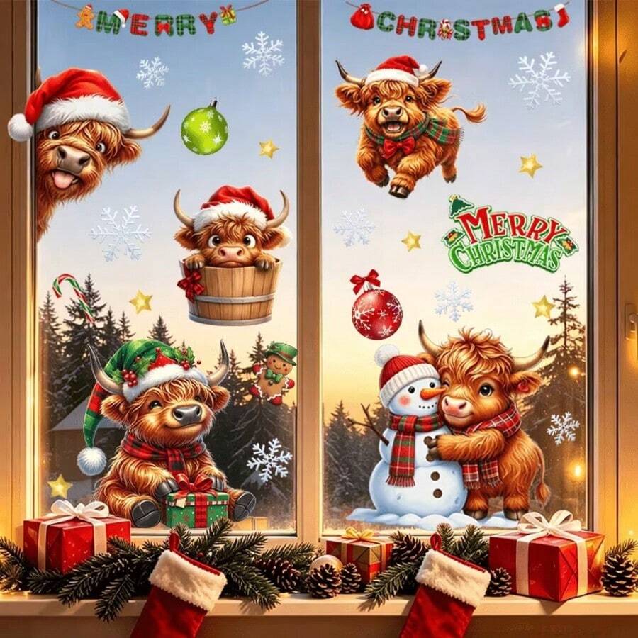 1set/3pcs Christmas Highland Cow Combination Self-Adhesive Window Stickers, Multiple Cute Calves Paired With Snowman, Gingerbread Man, Snowflake And Colorful Ball, Window Holiday Atmosphere Decorative Stickers