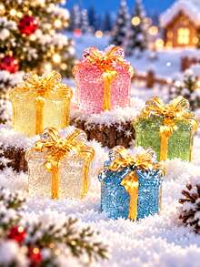 30PCS Christmas Gift Box Ornaments, Colourful Present Box Figurines For Christmas Village, Tabletop, Shelf, Mantel And Festive Home Decor - Clear Gift Box - View 4