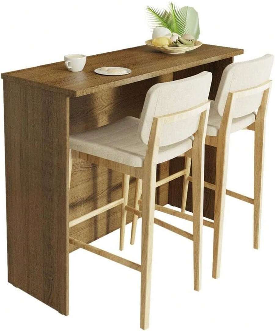 Isla Barra Comedor Desayunador Antecomedor 120cm Marrón, Juego de Mesa de Bar con 2 Taburetes Acolchados, Mueble Auxiliar para Cocina y Comedor - Marrón - Ver 1