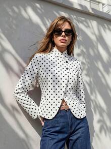 Women's Stand Collar Polka Dot Jacket, Asymmetric Button Long Sleeve Slim Fit Casual Outerwear - White - View 4