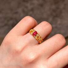 French Vintage Hollow Carved 18K Gold Plated Red Oval Zirconia Inlaid Open Ring For Women - Red - View 4