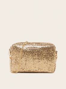 1pc Women's Sequin Glitter Gold Square Bag, Evening Party Metal Chain Crossbody Bag, Fashion Mini Shoulder Bag - M925 - View 3