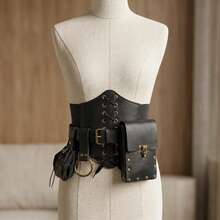 Set Aksesori Kostum Viking Abad Pertengahan: Korset Kulit PU dengan Tali Pengikat, Tas Pinggang, Dompet Koin Serut, Klip Rok untuk Pameran Renaissance. - A - View 11