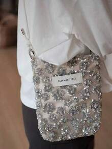 Beaded Embroidery Bucket Bag Denim Shoulder Bag Chinese Style Commute Outing Shopping Crossbody Women - Silver - View 3