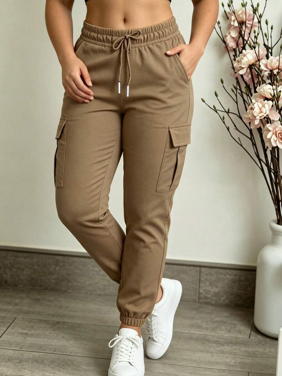 Spring/Autumn New Plus Size Women's Fashion Elegant Versatile Solid Color Minimalist Pocket Elastic Waist Drawstring Cargo Pants, Lightweight Polyester Slightly Stretchy Soft Fabric - Khaki Brown - View 1