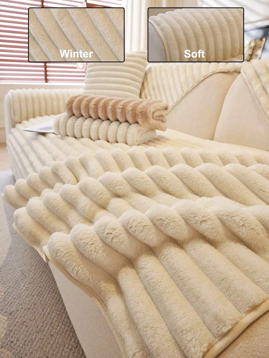 1pc Winter Christmas Decoration Thick Plush Sofa Pad, Anti-Slip Sofa Cover, Minimalist Modern Style, Non-Fading, Machine Washable All-In-One Sofa Blanket, Warm For Winter, Suitable For 1-2-3-4 Person Armrest Backrest - Beige - View 1