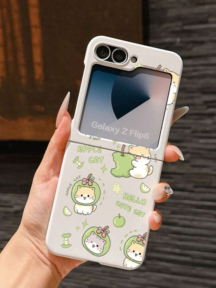 1 قطعة بطانية هاتف قابل للطي بتصميم بسيط وأنيق ولطيف وصديق للبشرة من مادة PC مع عنصر تفاحة وقطة، حماية ومنع السقوط ل-: SamsungGalaxy Z Flip 3/Z Flip 4/Z Flip 5/Z Flip 6/ZFlip 7/Z Flip 8/ Razr 60/ Razr 50/ Razr 70/Galaxy Z Flip7 FE - أبيض - مشاهدة 1