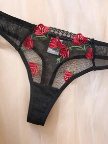 1 Set 2pcs Rose Embroidered 3D Flower Daily Bra Set, Comfortable Home Wear Valentine's Day Lingerie - Black - View 5