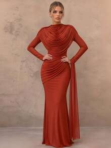 Solid Color Elegant Spliced Mesh Draped Evening Gown For Party And Formal Dinner - Rust Brown - View 2