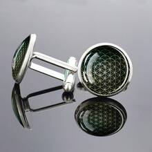 1 Pair Cufflinks Glass Inlay Flower Of Life Design Elegant Men's Gift Fashion Accessory Sophisticated Pattern Round Top Decorative Jewelry - Silver - View 1