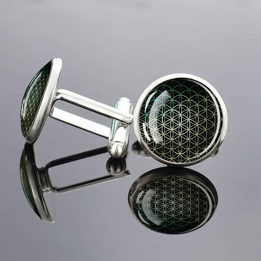 1 Pair Cufflinks Glass Inlay Flower Of Life Design Elegant Men's Gift Fashion Accessory Sophisticated Pattern Round Top Decorative Jewelry - Silver - View 1
