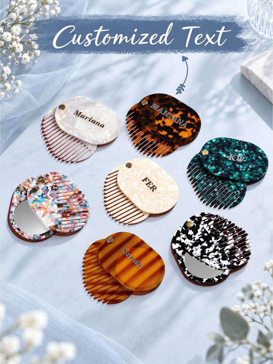 Customized Name Mirror & Comb Set, Personalized Initial Acetate Fiber Material, Bridal Party Gift, Bridesmaid Gift Set, Vanity Accessories - Multicolor - View 1