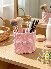 3D Printed Wavy Bow Makeup Brush Holder, 3D Wavy Texture With Full Bow Design, Dual Compartment Design, Can Separately Store Makeup Brushes And Lip Gloss, Sweet Pink Decor For Vanity - Multicolor - View 3