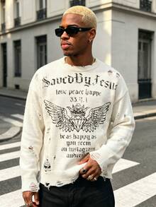 BLACKTOEXIT High Street Style Men's Distressed Knit Sweater, Vintage Gothic Letter & Wing Graphic, Loose Fit Drop Shoulder Autumn/Winter Pullover - Apricot - View 5
