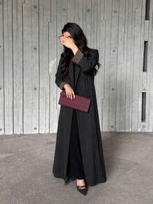 Hafizah Women's Black Striped Alaya-Double Breasted Button Detail Long Robe, Suitable For Conservative Fashion Wear Fall - Black - View 4