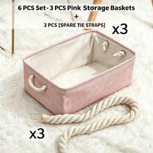 1pc/2pcs Mixed Set (A Pink Storage Basket Is Main Product, B Spare Strap Is Accessory) Pink Foldable Desktop Storage Basket, Large Capacity Linen Handle Basket, Suitable For Bookshelf Storage, Closet Organization, Toys, Sundries, Stationery, Home Decor. - Pink - View 14