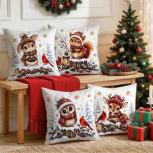 4pcs Forest Animals Christmas Pillow Covers, Rabbit Squirrel Owl Deer Cardinal Bird Print Pattern, Single-Sided Printed Pillow Covers/Cushion Covers, Multi-Scene Atmosphere Decoration Pillow Covers Suitable For Living Room Sofa Bedroom, Pillow Insert Not Included - Multicolor - View 7