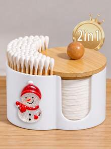 Extra Large New Christmas Snowman Shaped Bamboo Lid Plastic Storage Box (2-In-1), With Dual Round Hole Design Desktop Cosmetic Organizer, Suitable For Storing Makeup Brushes And Beauty Tools, Ideal Cosmetic Organizer, Vanity Accessory And Gift For Women - Multicolor - View 3